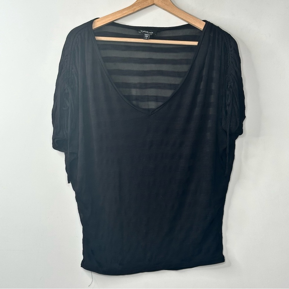 Bebe Black Semi Sheer V Neck Dolman Short Sleeves Pullover Top